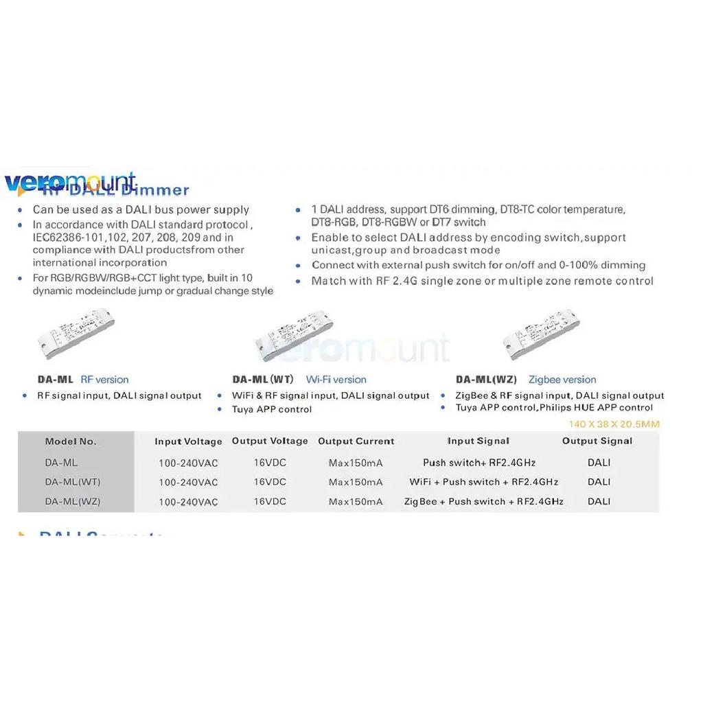 Skydance WiFi ZigBee RF DALI Dimmer Tuya Smart APP Control RGB/RGBW/CCT color LED Strip Light DA-ML/DA-ML(WT)/DA-ML(WZ) RF 2.4G