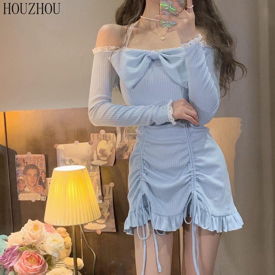 Платье без бретелек с бантом. Весеннее французское милое платье с висячим воротником и длинными рукавами на шнуровке «рыбий хвост».