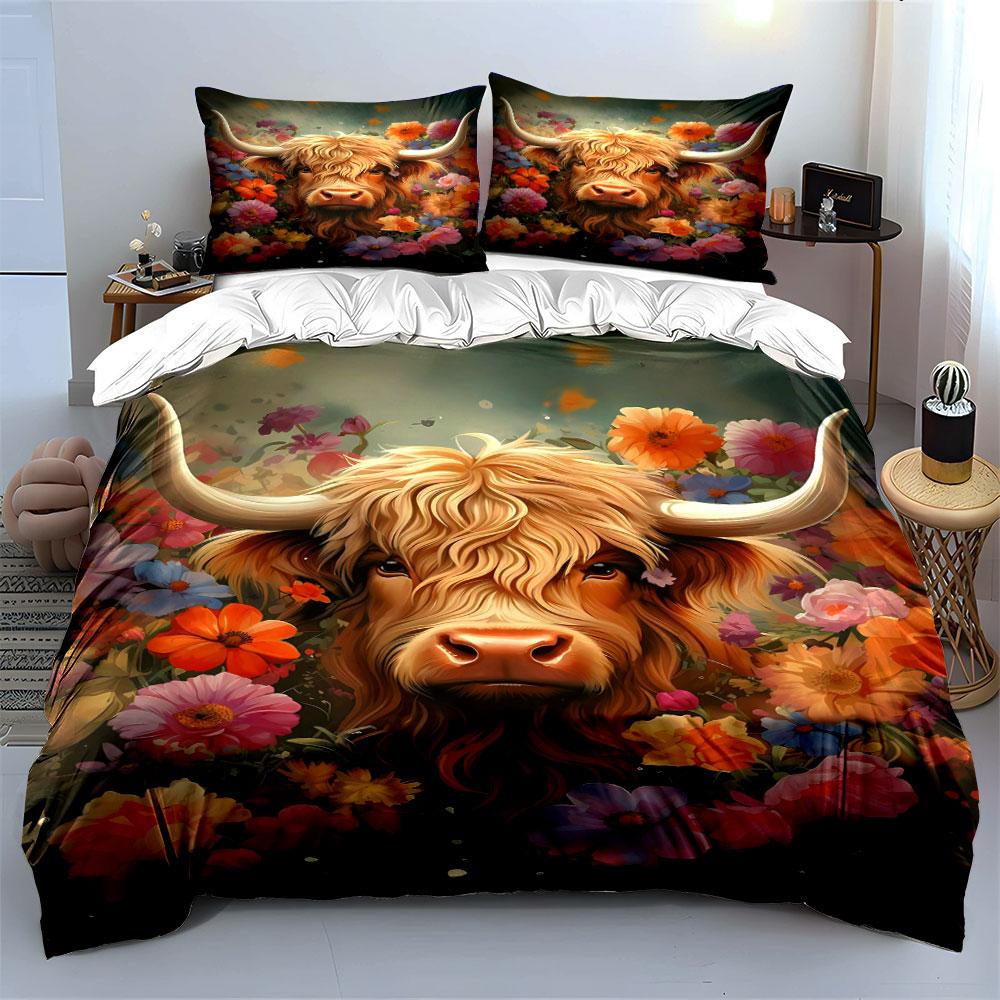 Highland cow with flowers. Bedding sets Duvet cover sets Duvet covers Pillowcases(1 * Duvet Cover 2 * Pillowcases without duvet insert)
