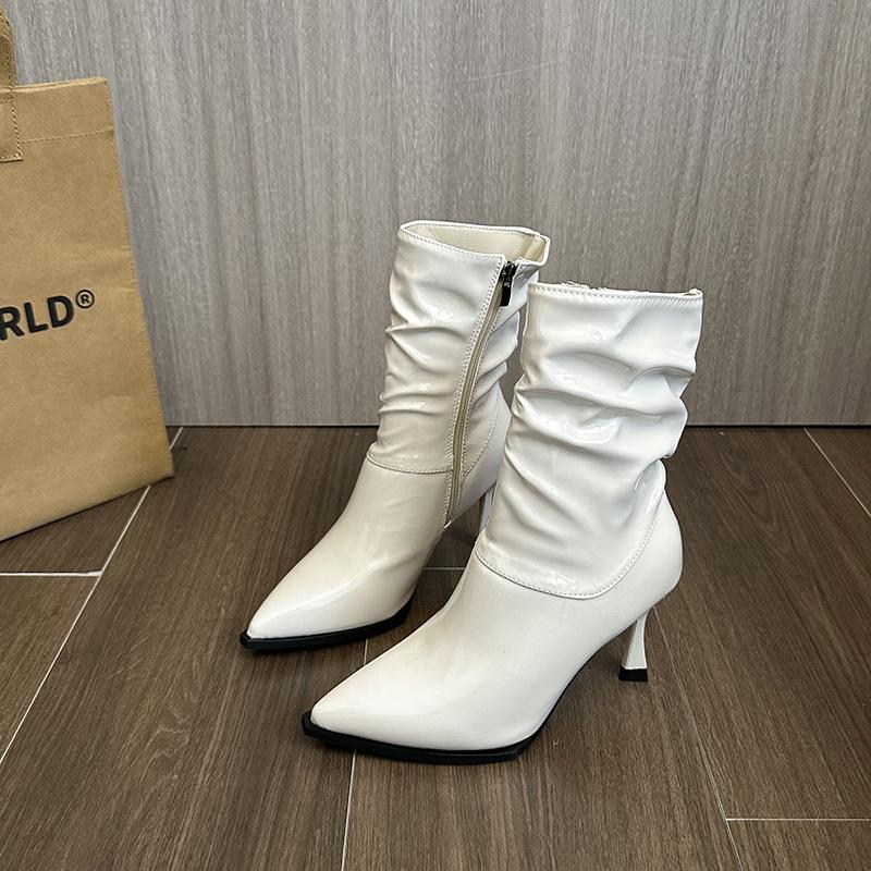 Осенние остроносые высокие сапоги на толстом каблуке женские сапоги-рыцари с плиссированным голенищем высокие на каблуке, но до колена