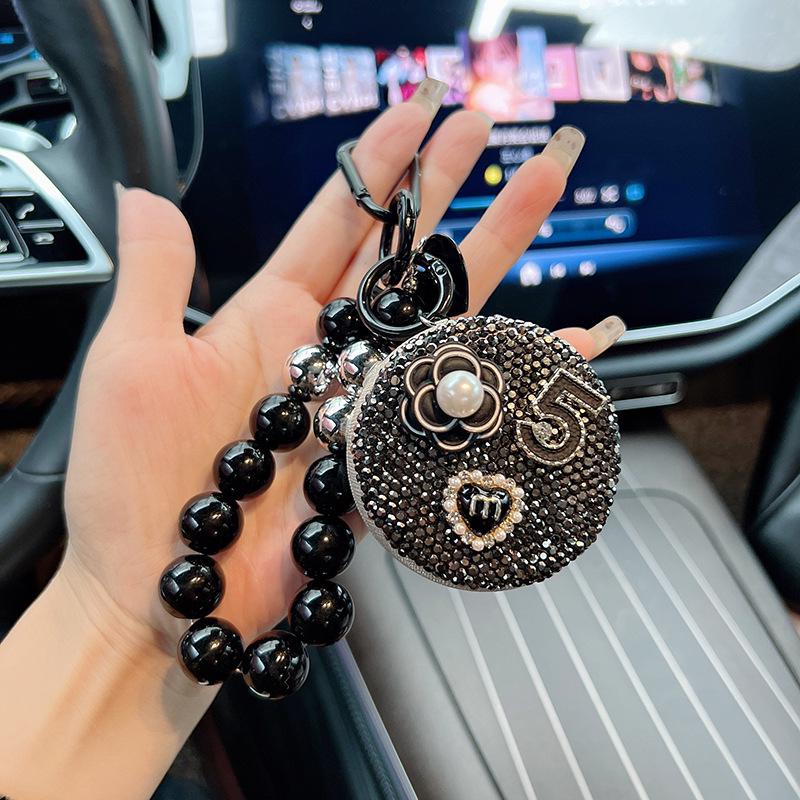 Корейский брелок-зеркало для макияжа «Камелия», украшенное бриллиантами, с ниткой бусин