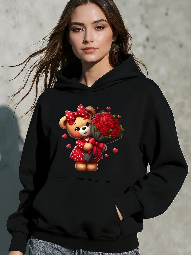 Women'S Polyester Hoodie with Cute Bear Holding Roses Design Black Lightweight for Casual Wear at Home or Cafe and Durable for Com