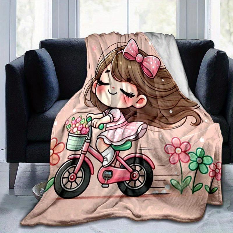 1pc. Cute Cartoon Riding Bicycle with Flowers Home Office Outdoor Blanket Gift for All Seasonsz041705