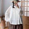 Spring Ramie Shirts Vintage Korean Ruffled Double Lace Stand Collar Pullover Loose Irregular Women Blouses