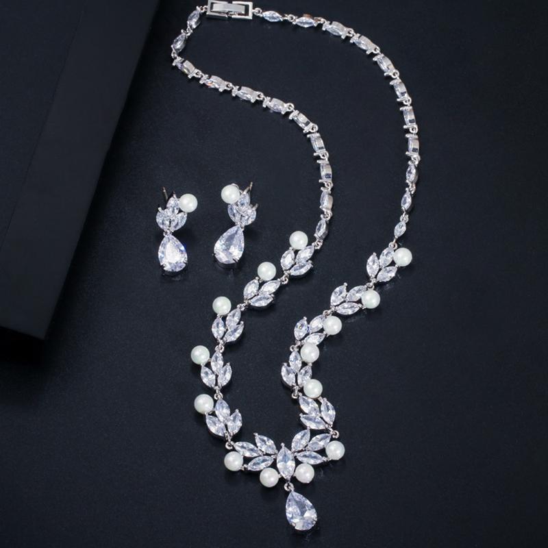 CMM Cubic Zirconia Paved Leaf Flower Drop Artificial Pearl Party Necklace Earrings Jewelry Sets for Women