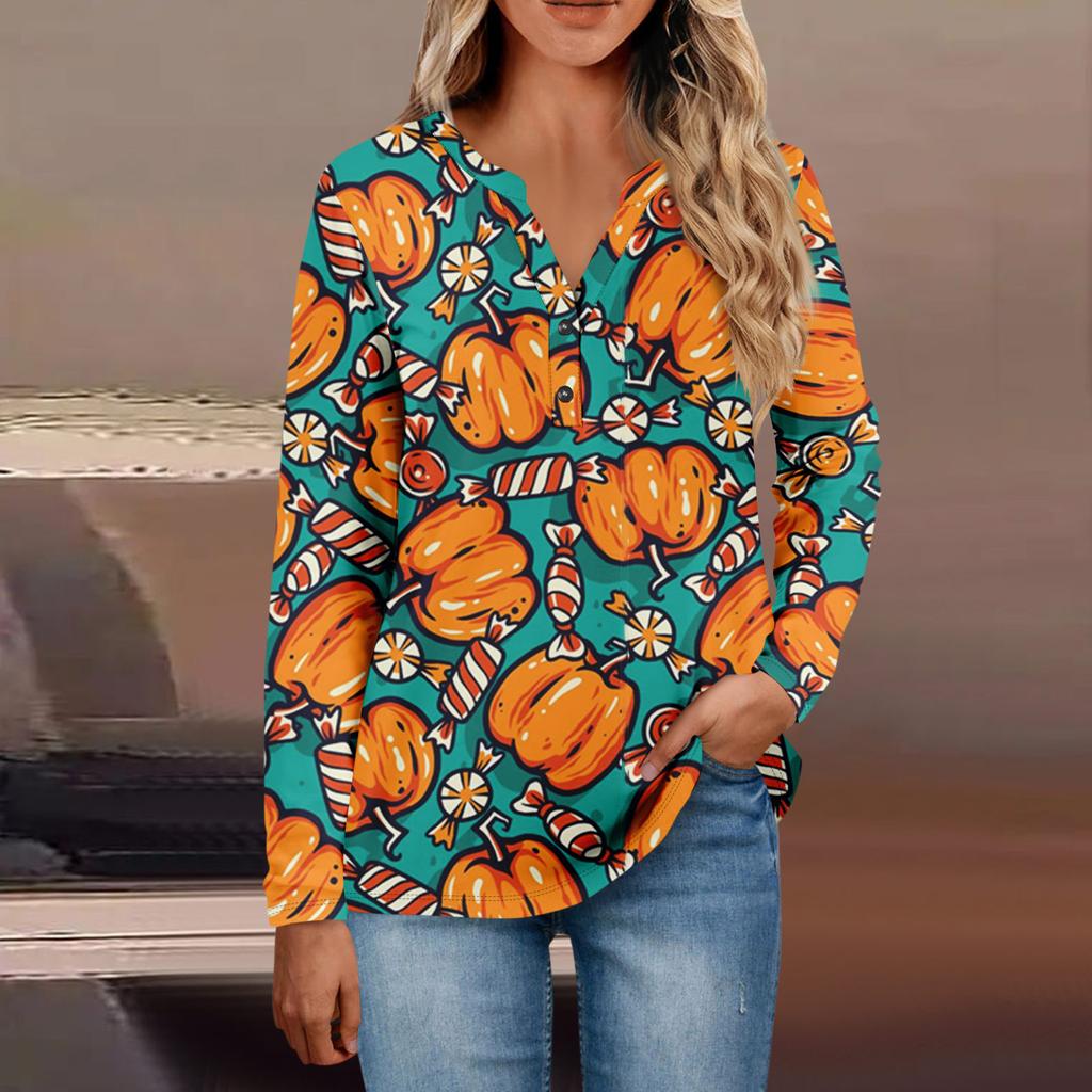 Women's Button Neck Tops Women's Casual Everyday Tops Long Sleeve V Neck Fashion Print Shirt Tops Pocket Tee Sweatshirts