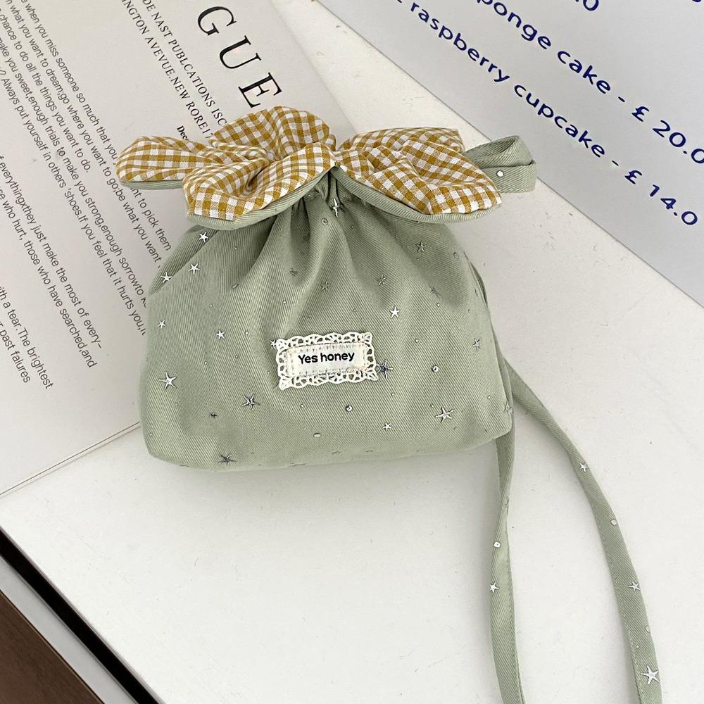 Bundle Pocket Flower Drawstring Crossbody Bag Plaid Cute Canvas Shoulder Bag Korean Style Portable Sparkly Star Flower Bag