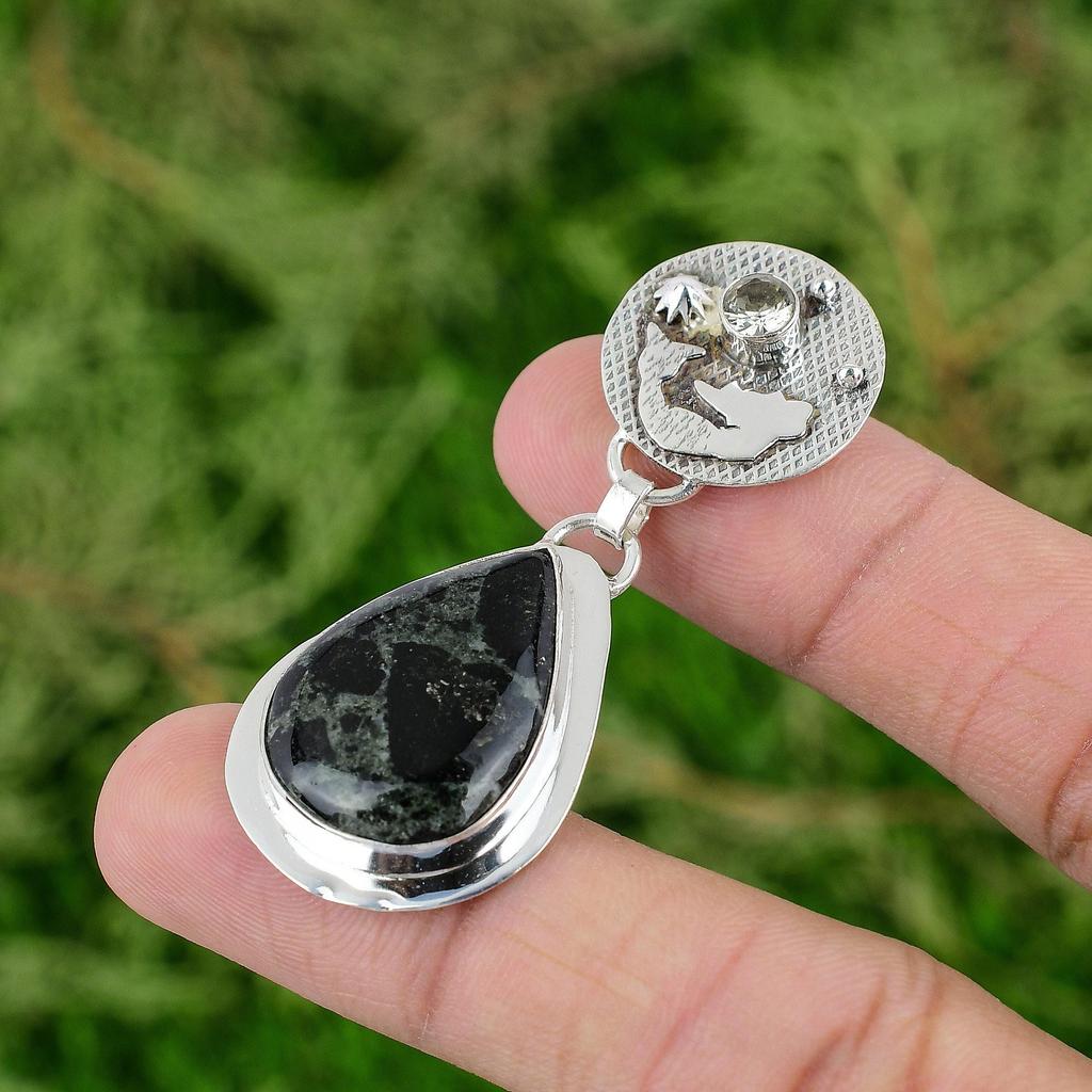 925 Sterling Silver Kambaba Jasper Stone Green Amethyst Mermaid Pendant Jewelry