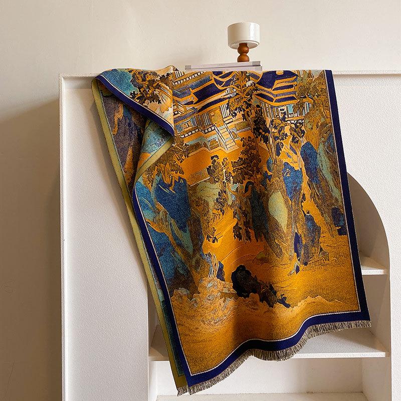 Французский зимний замок, картина маслом, серия, женский длинный шарф, подарочная шаль, литературное модное украшение, теплый шарф