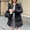 BITCED Plus Size Women's Mid-Length Winter Coat with Waist-Defining Hood, Oversized Pockets and Thickened Quilted Lining