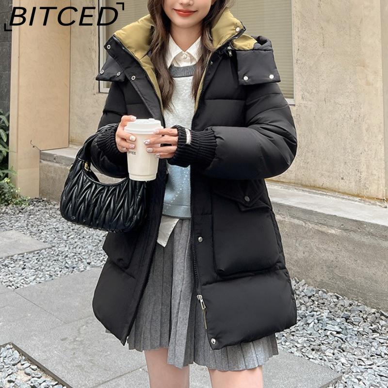 BITCED Plus Size Women's Mid-Length Winter Coat with Waist-Defining Hood, Oversized Pockets and Thickened Quilted Lining