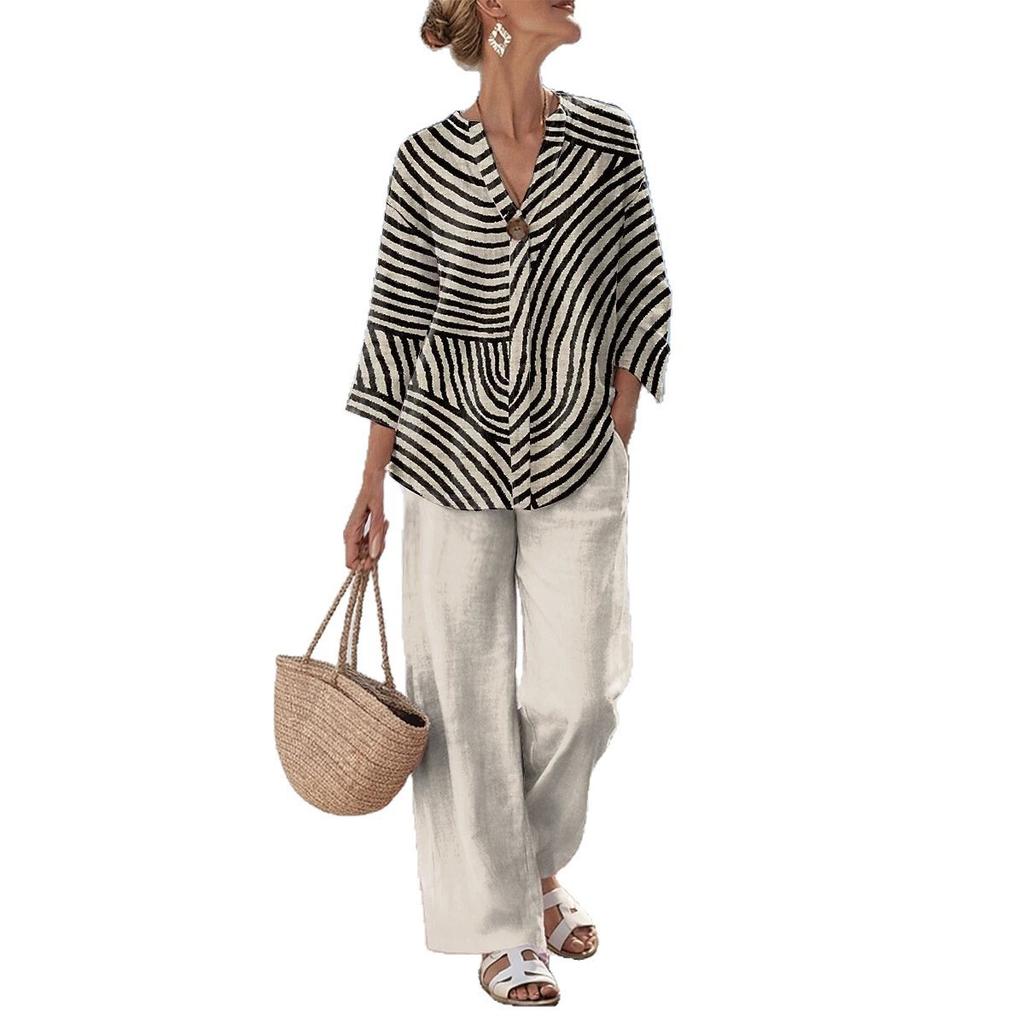 1116 Summer Bohemian Women's Linen Printed Top Wide Leg Pants Holiday Two-piece Set, European and American New