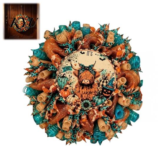 Garden Balcony Yard Accents Halloween Highland Cow Artificial Wreath for Farmhouse Front Door, Autumn Seasonal Home Decorations Mesh Garland, Creative