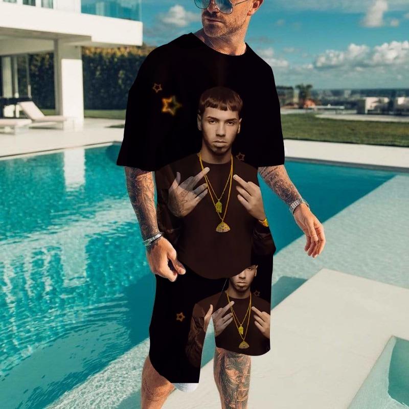 Мужские комплекты футболок Рэпер Anuel AA 3D-печать Модный спортивный костюм Футболки Шорты 2 предмета Мужская уличная одежда Оверсайз костюмы Спортивная одежда
