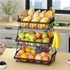 3-Tier Countertop Fruit Basket with 2 Banana Hooks, Removable Metal Device, Wooden Handle, Can Hold Vegetables and Fruits, Black