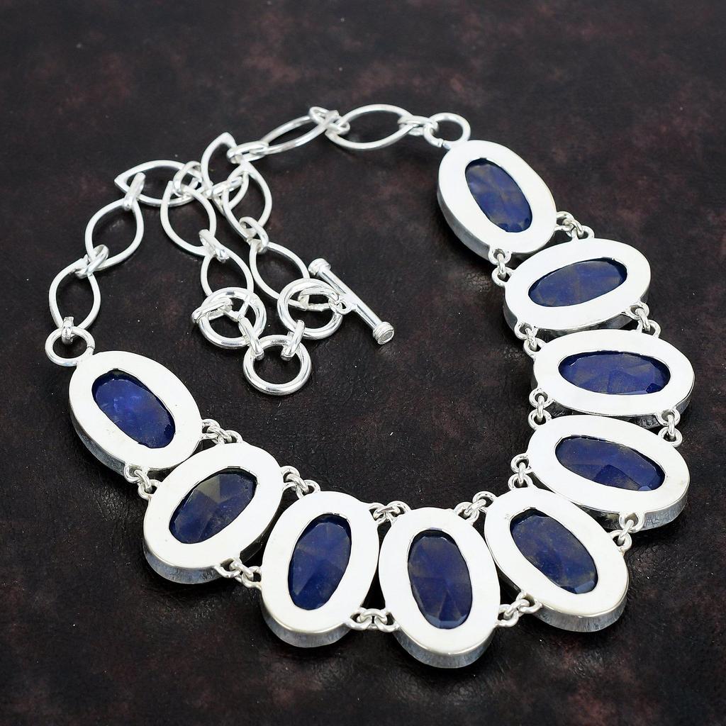 Ожерелье из граненого синего сапфира, ожерелье из настоящего драгоценного камня, ювелирное изделие ручной работы, ожерелье из стерлингового серебра 925 пробы, регулируемая цепочка, свадебные подарки