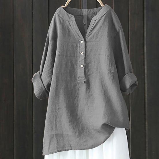 Women Casual Shirt V-Neck Buttons Half Placket Long Sleeve Blouse Solid Color Loose Fit Tunic Tops Office Lady Shirt