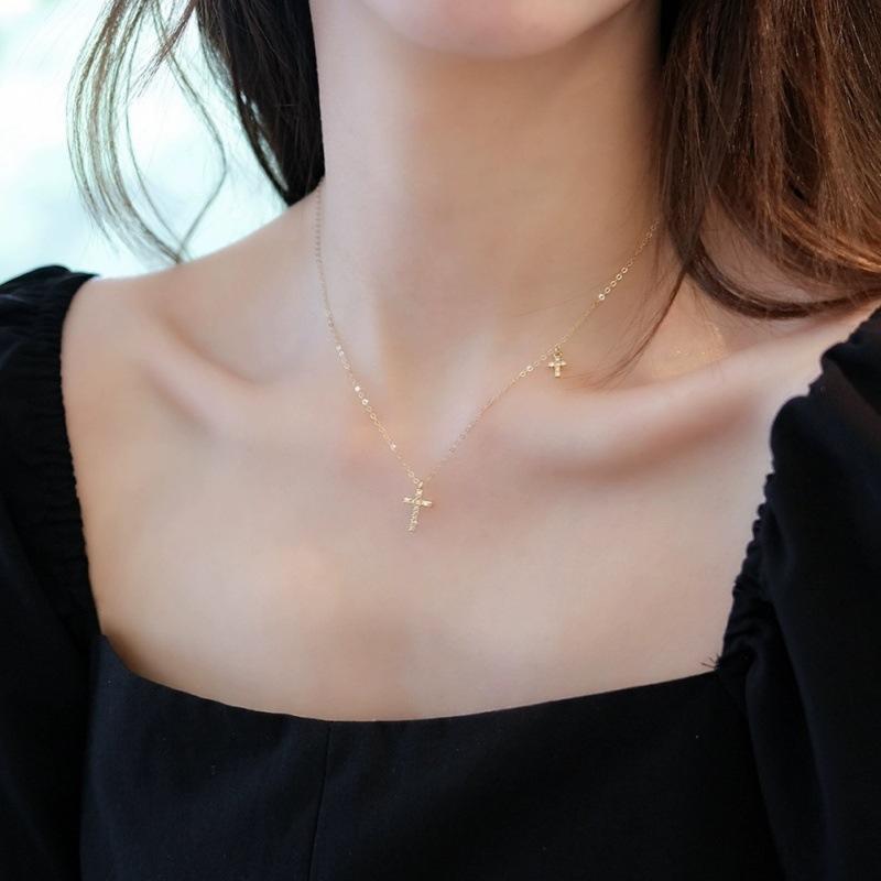 S925 Sterling Silver Cross Diamond-Studded Necklace Simple Classic Light Luxury Clavicle Chain for Women