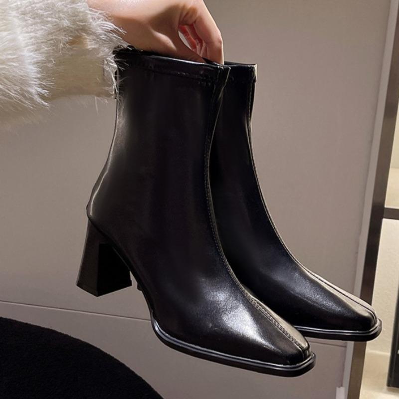 Fashion Block Heel Platform Booties Women's New Autumn Square Toe Back Zip Non-Slip High Heel Stretch Skinny Boots