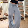 Women Casual Pants Straight Wide Leg Striped Print Long Trousers Adjustable Waist Strap Loose Fit Lounge Pants