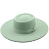 Solid Color Autumn Winter Fashion Wool Simple Fashion Round Flat Top Vintage Wide Fedoras Hats For Women Wide Brim Chain Ribbon