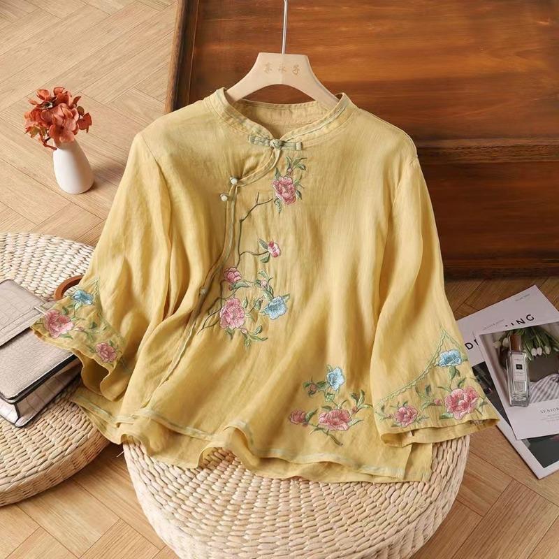 Women S Vintage Chinese Style Linen Cotton 3 4 Sleeve Shirt