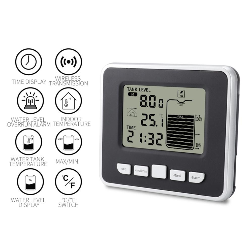 1 шт. Ультразвуковой беспроводной измеритель уровня жидкости в резервуаре для воды с датчиком температуры, монитор уровня, дисплей времени, индикатор низкого заряда батареи, сигнализация
