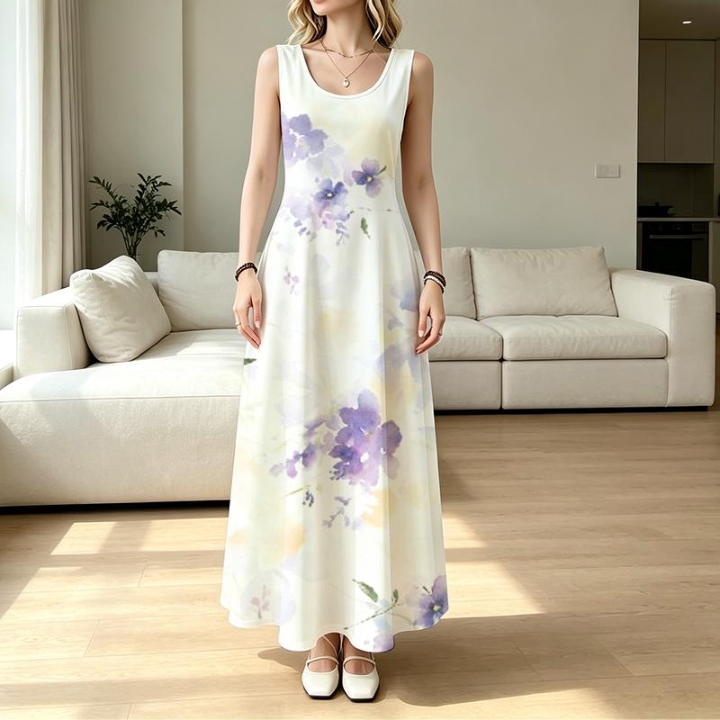 Women U Neck Maxi Sundress,Lilac Flower Print Dress,Sleeveless Flowy Long Dress,Coastal Casual Summer Apparel