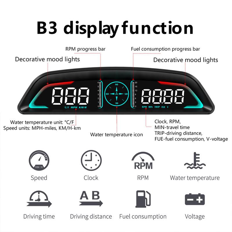 Умный цифровой дисплей HUD B3 obd2 Многофункциональный спидометр тахометр обороты температура воды вольт расход топлива сигнализация