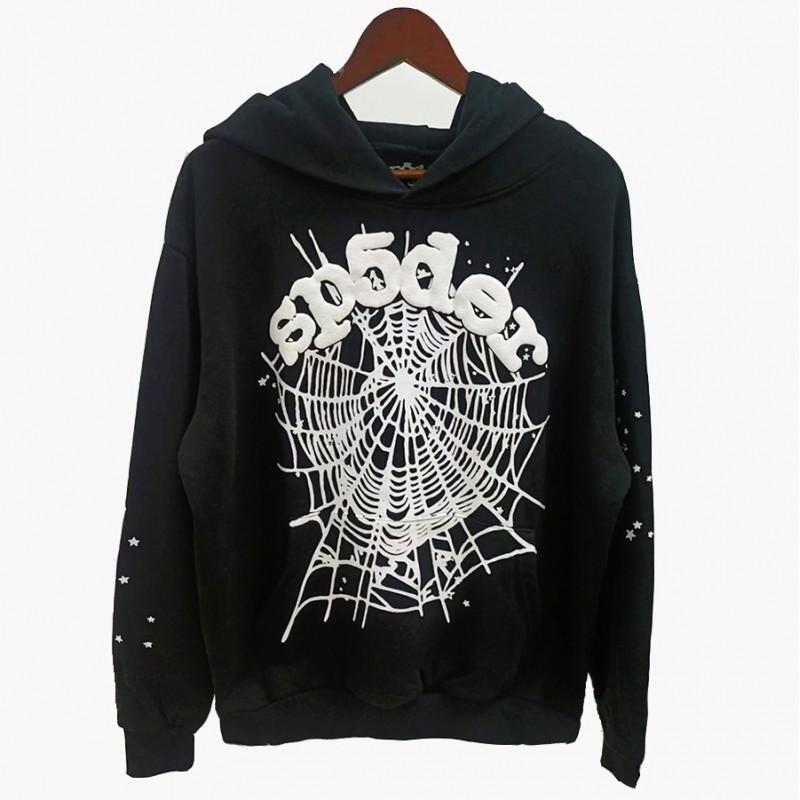 Sp5der Hoodie Oversized Thick Fleece Sweatshirt With Foil Print Spiderweb Design Men Winter Casual Wear
