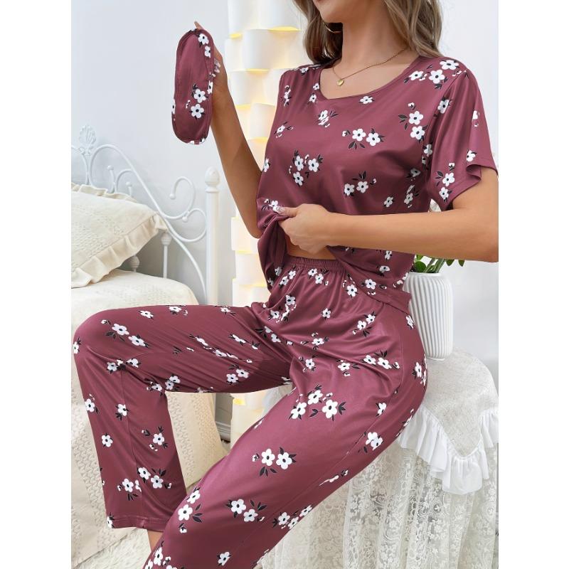 Women's Milk Silk Homewear Round Neck Short Sleeve Long Trousers Suit