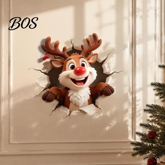 Durable PVC Wall Stickers Christmas Reindeer Decal, 3D Hole Illusion Red Nose Rudolph Sticker, Cute Mural Peel And Stick Waterproof Decor for