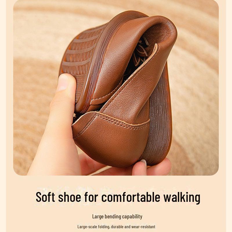 «Осенние туфли на танкетке из натуральной кожи с цветочным принтом в этническом стиле для женщин среднего и пожилого возраста»