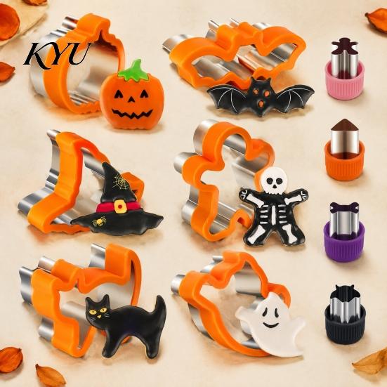 Durable 304 Steel Cookie Stamps 10PCS Halloween Cutter Set, Pumpkin/Witch's Hat/Ghost/Skeleton/Bat Shape, Stainless School Lunch Bento Accessories