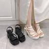 Женские босоножки на высоком каблуке большого размера 2024 новая летняя обувь для пляжа на платформе-маффине, универсальные римские сандалии на толстом каблуке в корейском стиле
