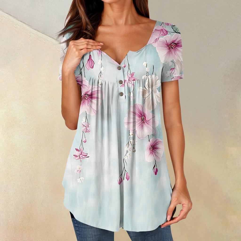 Women Tunic Tops Dressy Casual Summer Short Sleeve Shirts Loose Fit Pleated Boho Top