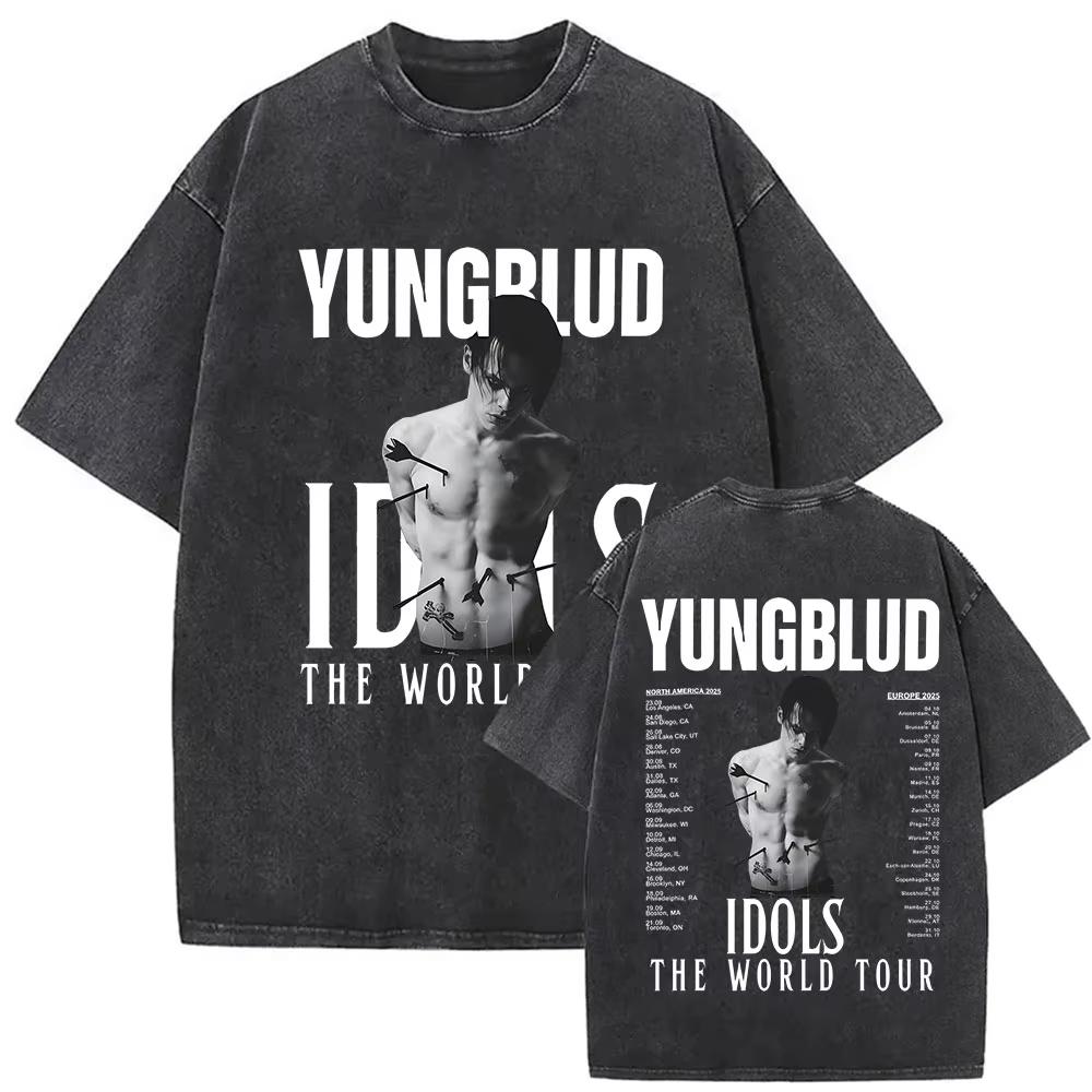 Винтажные стираные футболки Yungblud IDOLS The World Tour Мужские Женские Хип-хоп Высокое качество Готические Оверсайз Футболки Уличная одежда