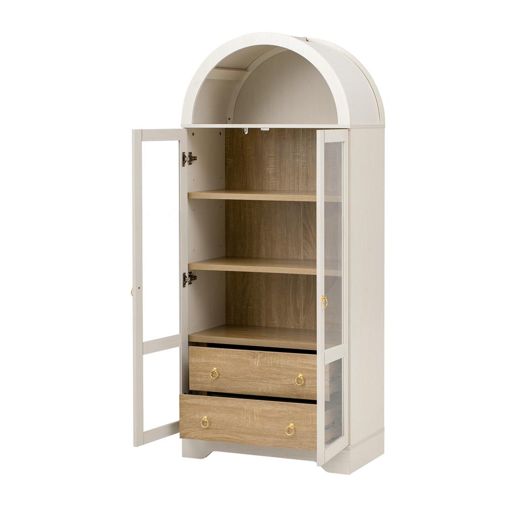 Highboard with adjustable shelves and drawers, with transparent glass and large storage space, ideal for dining room, living room and kitchen (white)
