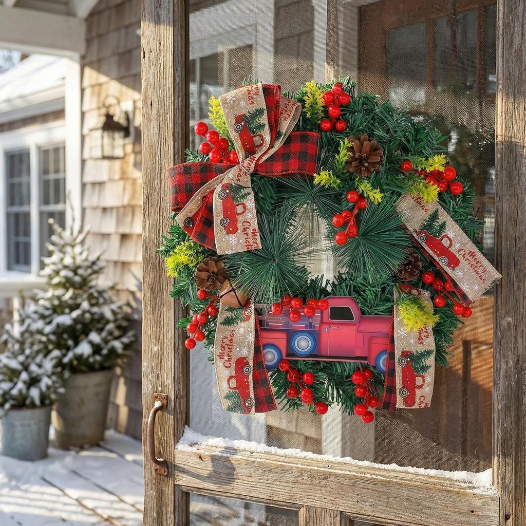 Festive Rattan Wreath with Red Truck - Farmhouse Style Christmas Door Decoration