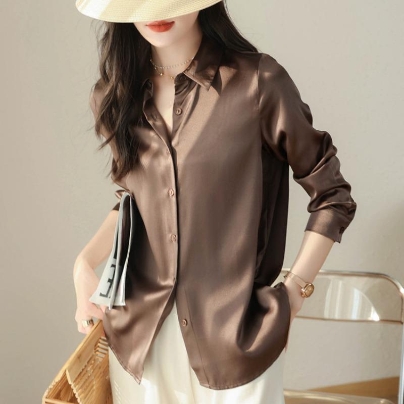 Модная повседневная офисная женская атласная рубашка, свободные топы с длинным рукавом, однотонные женские блузки больших размеров, элегантные винтажные простые женские рубашки на пуговицах 25678