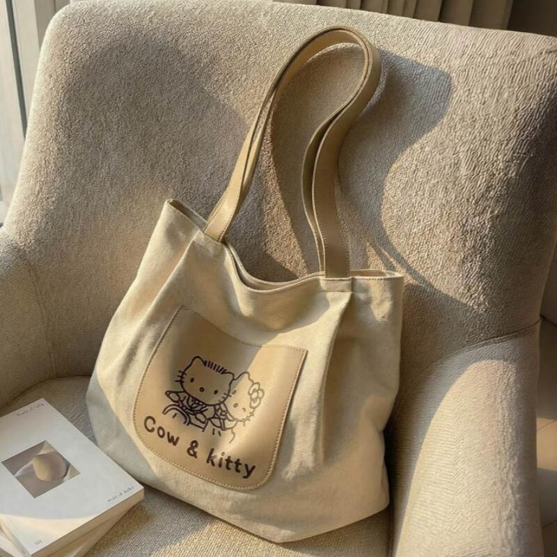 New Large capacity Kitty Women's Canvas Bag Versatile Cute Shoulder Bag Kawaii Cat Tote Handbag Sweet Cartoon Women's Handbag