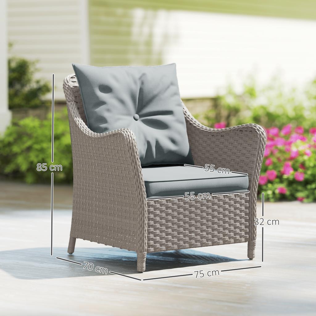 Rattan Garden Chairs Set of 2, Outdoor Rattan Chairs with Cushions, Armrests and High Back, PE Wicker Garden Armchair with Steel Frame for Balcony