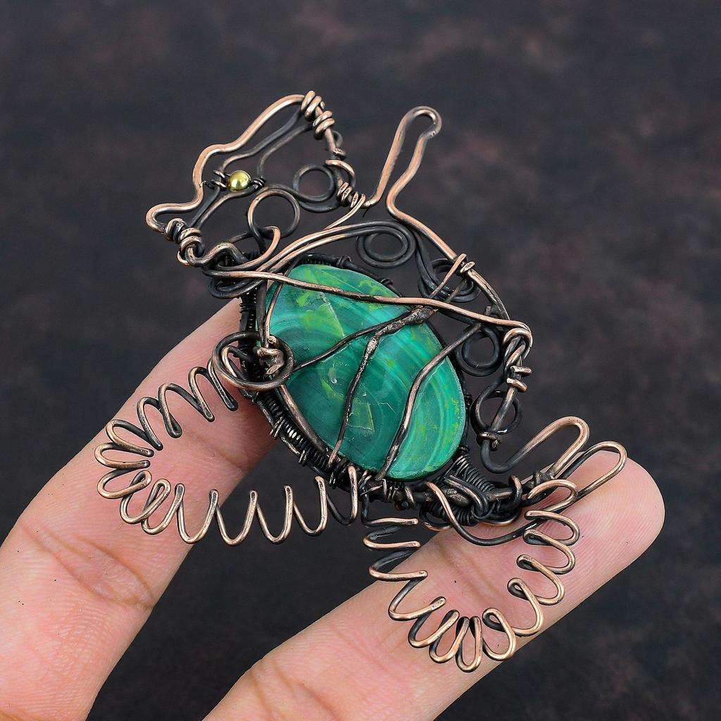 Кулон из малахитового драгоценного камня, обернутый медной проволокой, подвеска в виде кролика, кулон ручной работы, ювелирные изделия из медной проволоки, дизайнерская подвеска, подарки для женщин