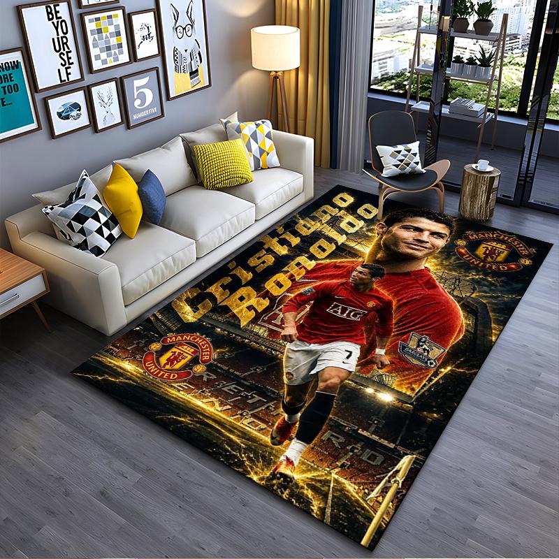 Soccer Star Area Rug, Cristiano Ronaldo Manchester United 7 Golden Print, Football Fan Living Room Decor, Anti-Slip Carpet