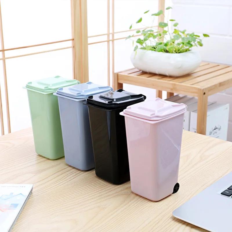 1pcs Mini Trash Can Plastic Waste Bins with Lid Small Scissors Pencil Storage Holder Wheelie Dustbin Storage