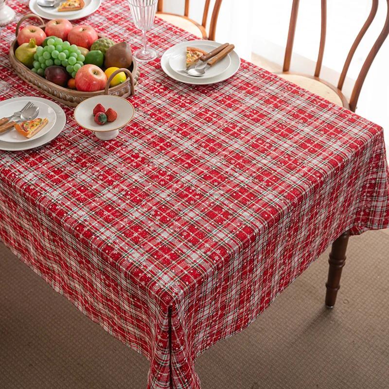Christmas Tablecloth Green Plaid Snowflake Cotton Linen Rectangular Table Cover New Year Gifts Dining Living Room Table Decor
