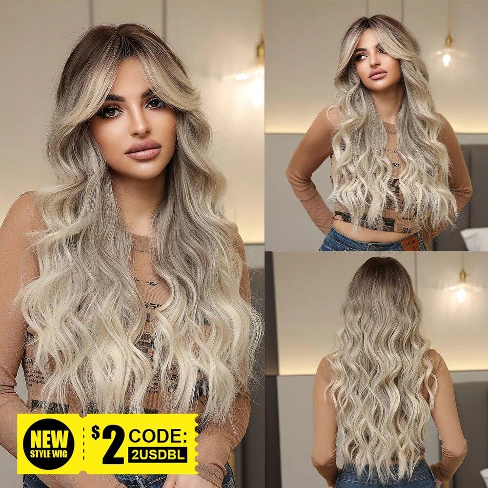 Блондинка-единорог, коричневый блондин, синтетический парик, длинные волнистые парики с челкой, повседневный косплей, вечерние, термостойкое волокно для женщин