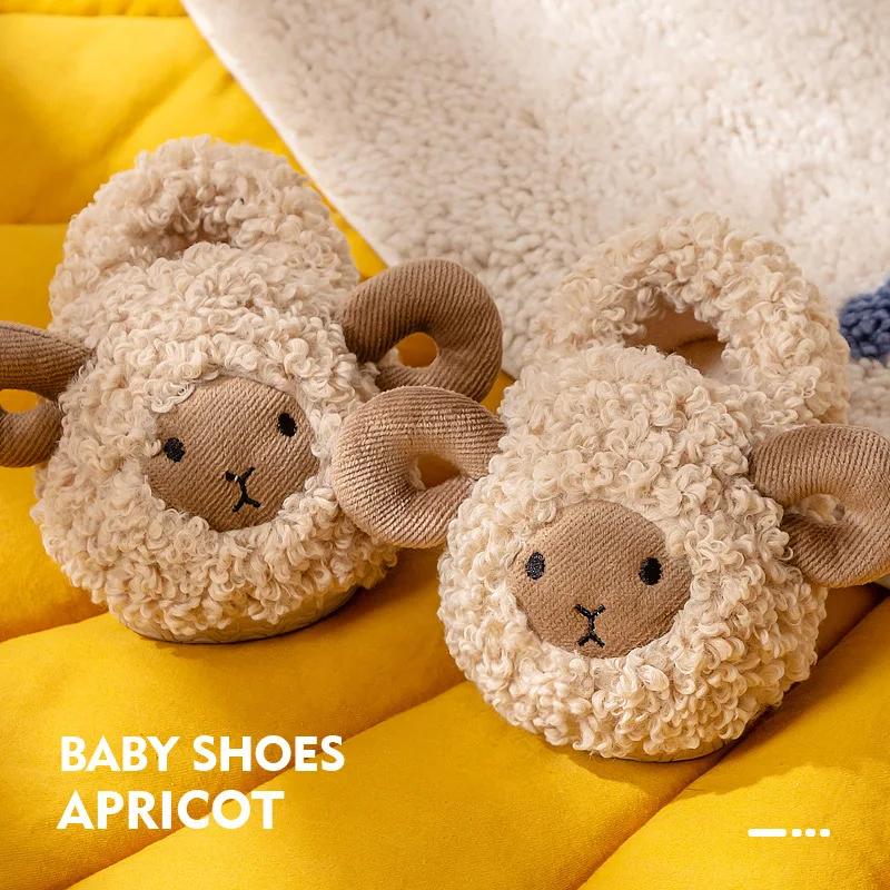 Fashion Children Cartoon Sheep Cute Shoes Soft Autumn Winter Warm Boys Girls Baby Plush Fur Non-slip Slipper Heel Wrap Home Flat Shoes