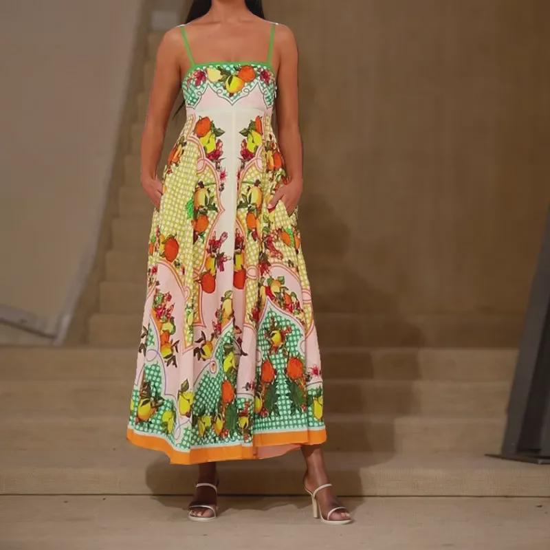 Элегантное летнее платье 2024 года с высокой талией и принтом, подтяжки в европейском и американском стиле