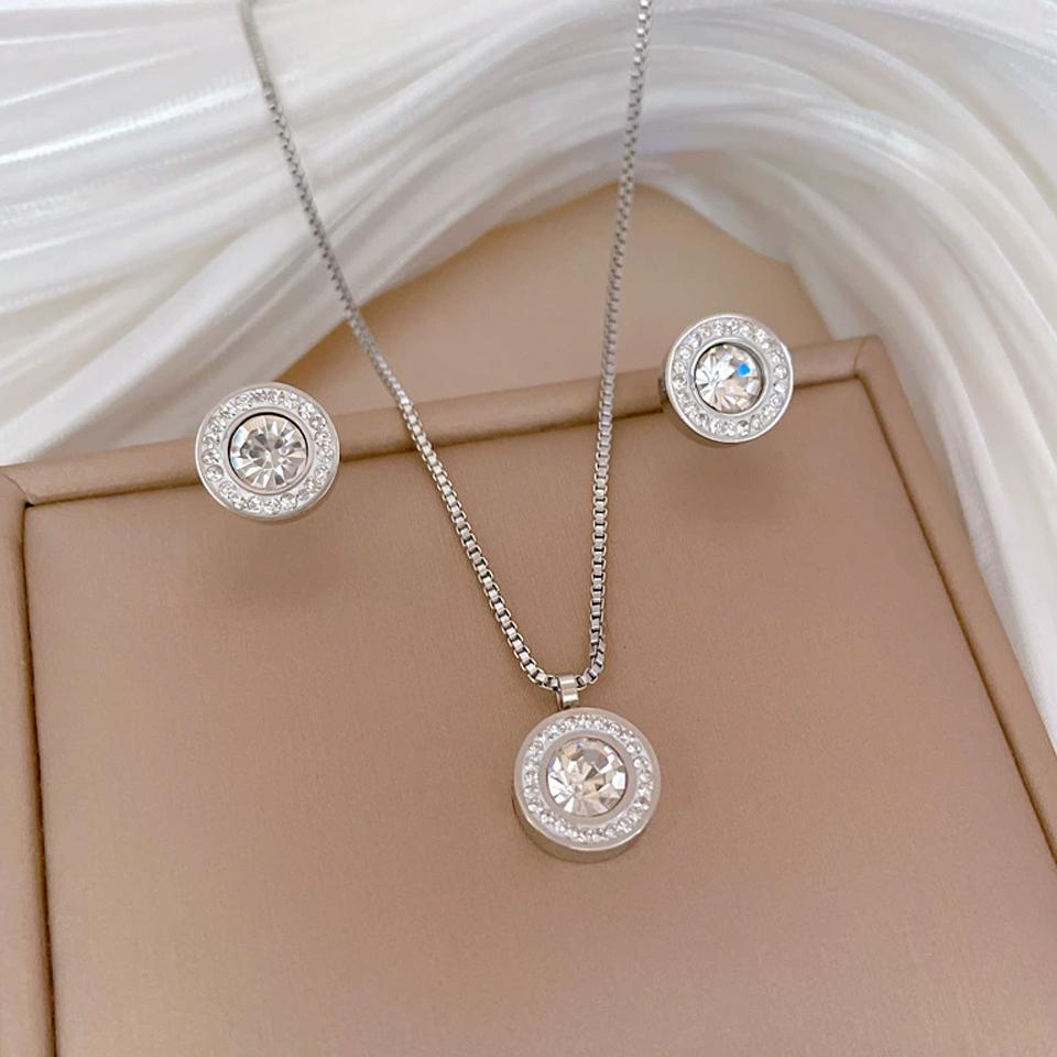 ZAKOL Блестящий Кристалл Циркон Круглый Кулон Ожерелье Серьги для Женщин Изысканная Цепочка из Нержавеющей Стали 2 Шт. Набор с Цирконом